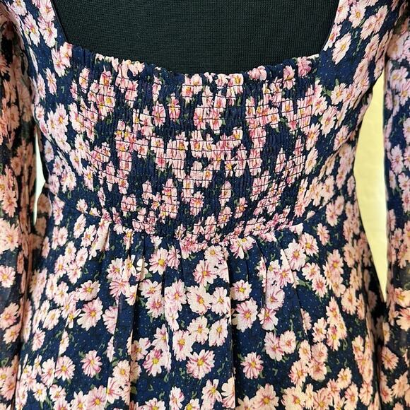Lush Ditsy Floral Print Tie Front Puff Long Sleeve Minidress Blue Pink NEW Sz M - Picture 10 of 15